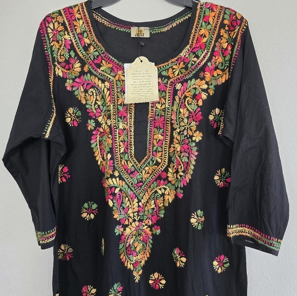 Ada Embroidered Floral Dress Womens XL Black Red Slits Flowy  Boho Art New - Picture 4 of 14